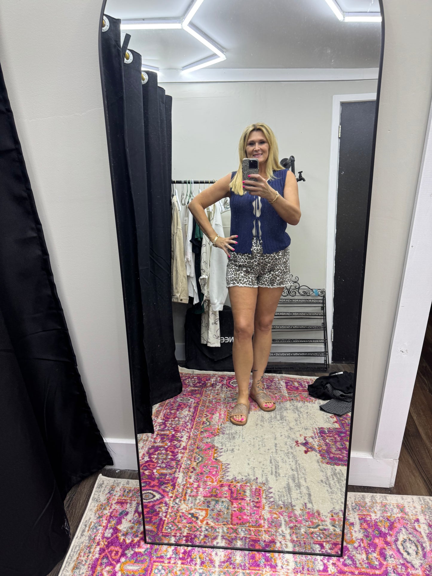Washed Leopard Twill Shorts with Frayed Hem and Elastic Back Waist
