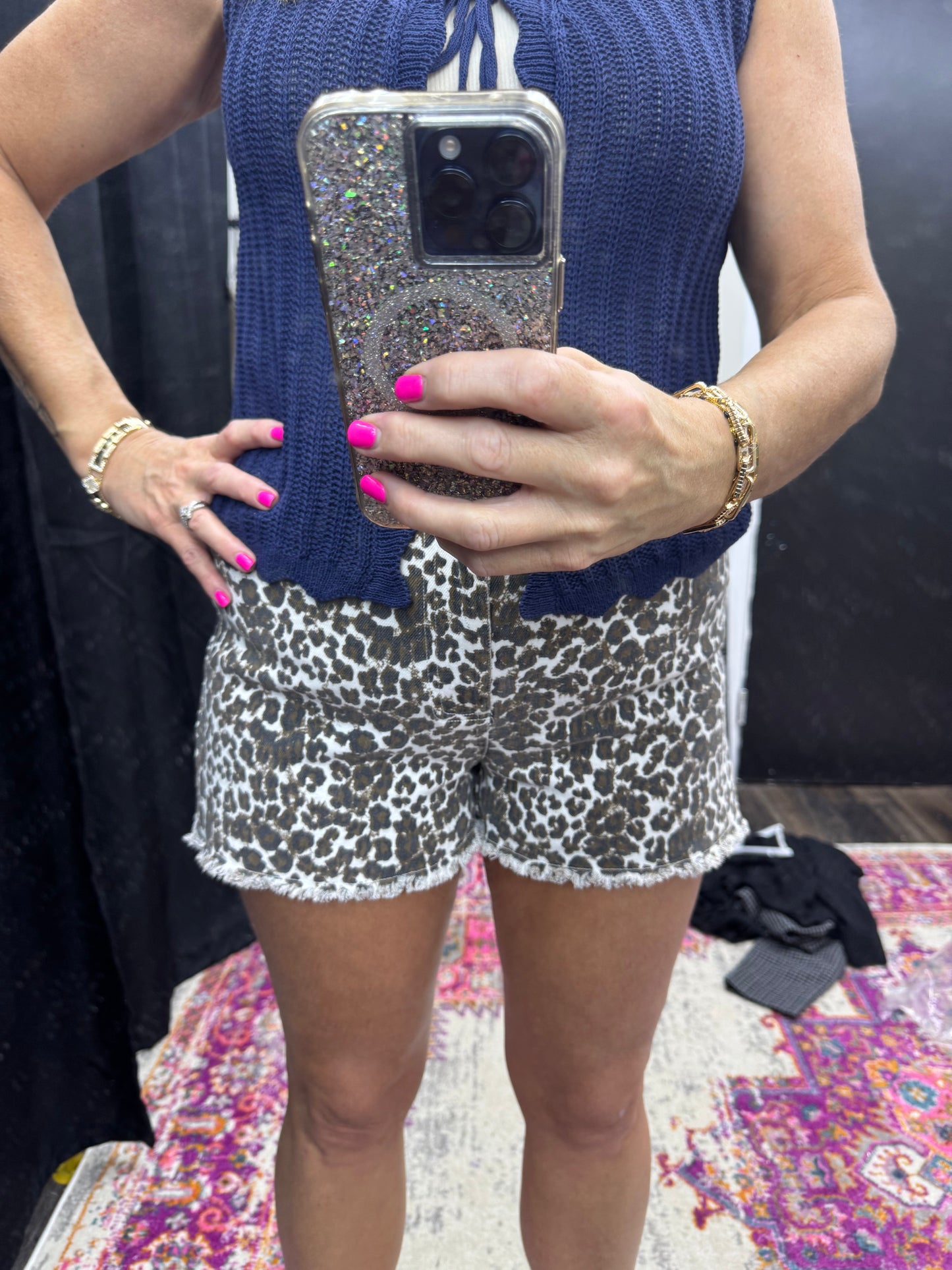 Washed Leopard Twill Shorts with Frayed Hem and Elastic Back Waist