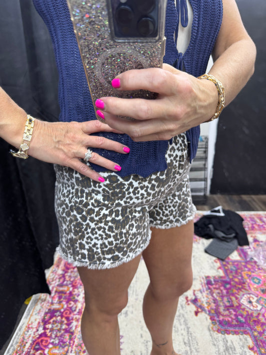 Washed Leopard Twill Shorts with Frayed Hem and Elastic Back Waist