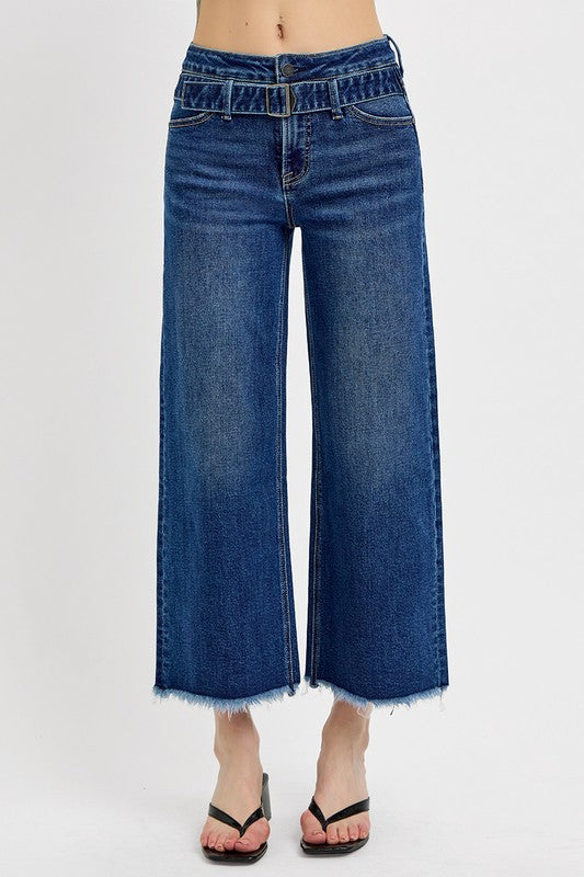 Risen High Rise Crop Wide Leg Jeans with Attached Belt