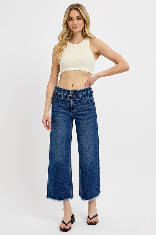 Risen High Rise Crop Wide Leg Jeans with Attached Belt