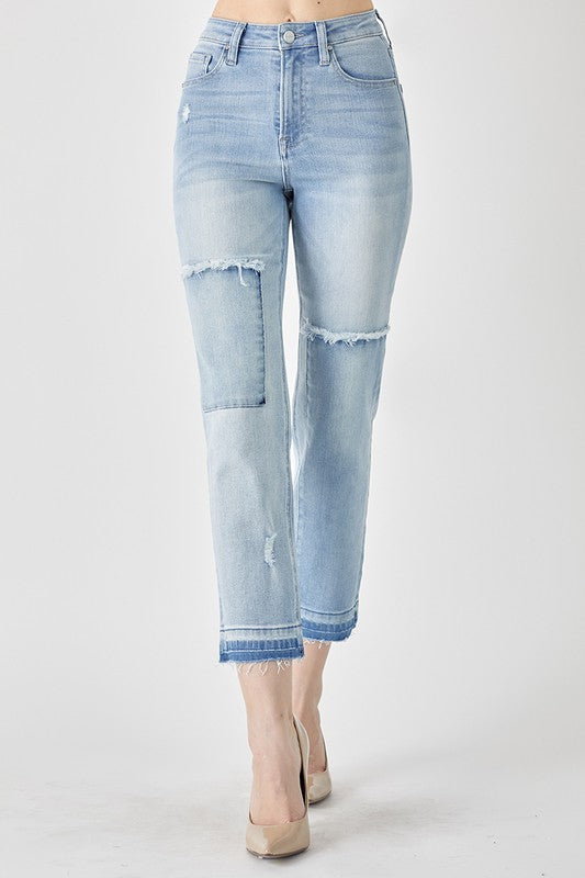 Risen High Rise Crop Straight Leg Patched Jeans