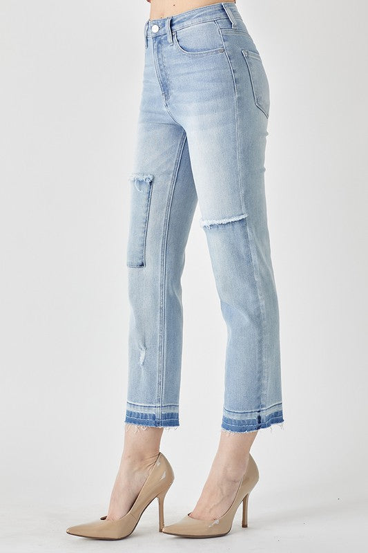 Risen High Rise Crop Straight Leg Patched Jeans