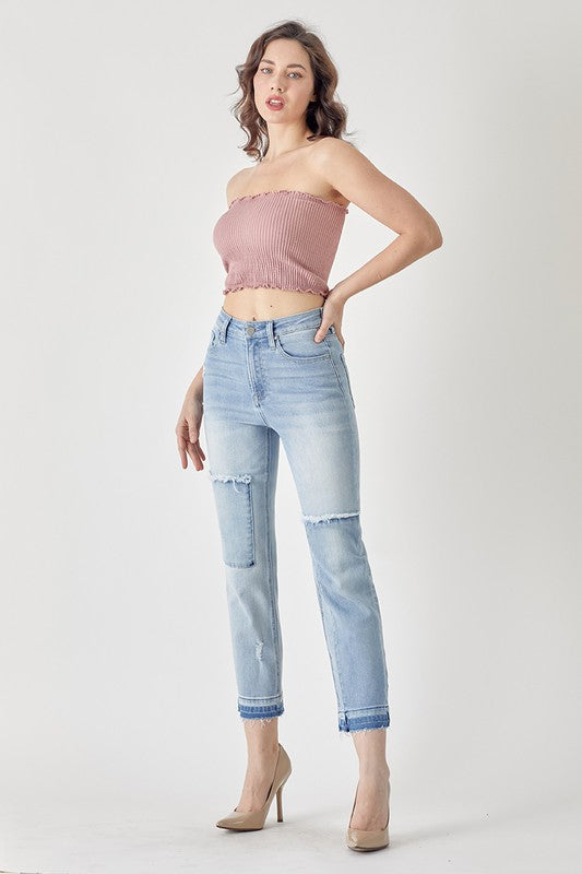 Risen High Rise Crop Straight Leg Patched Jeans