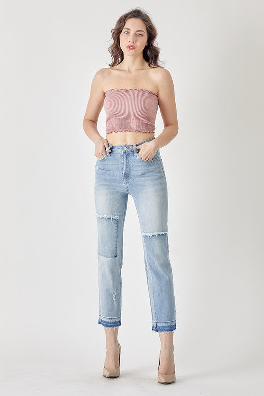 Risen High Rise Crop Straight Leg Patched Jeans