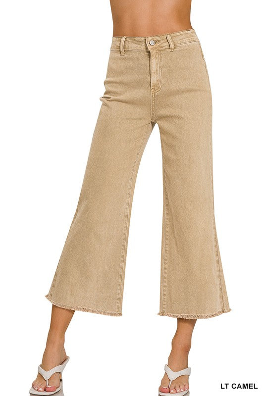 Light Acid Washed High Waist Frayed Hem Cropped Pants