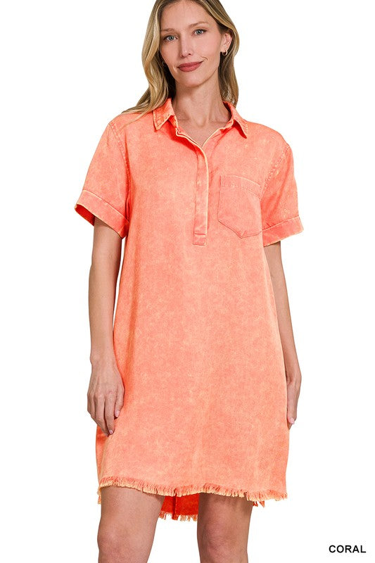 Mineral Washed Collared Shirt Dress