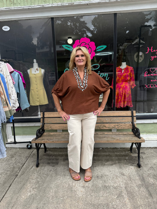 Animal Print Collared Brown Top